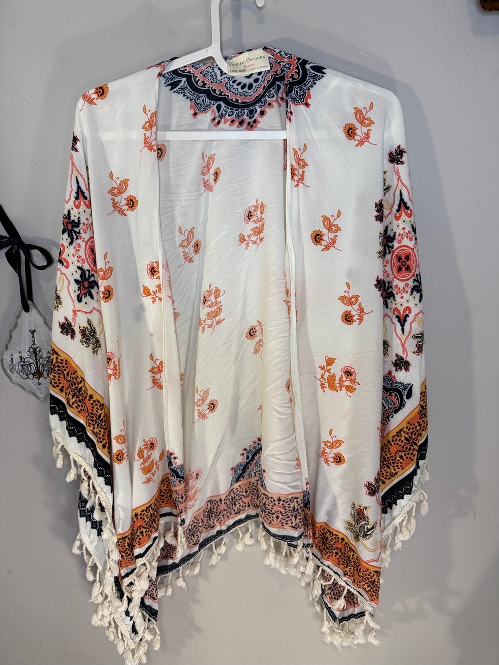 Boho Floral Fringe Kimono - White with Coral & Navy is
